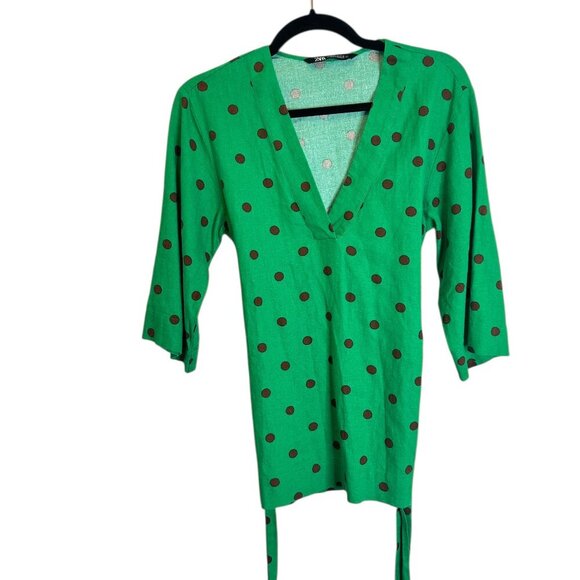 Zara Kelly Green Polkadot Linen Blend Top Sz XS Tunic Belted 3/4 Sleeve V Neck - Picture 5 of 8